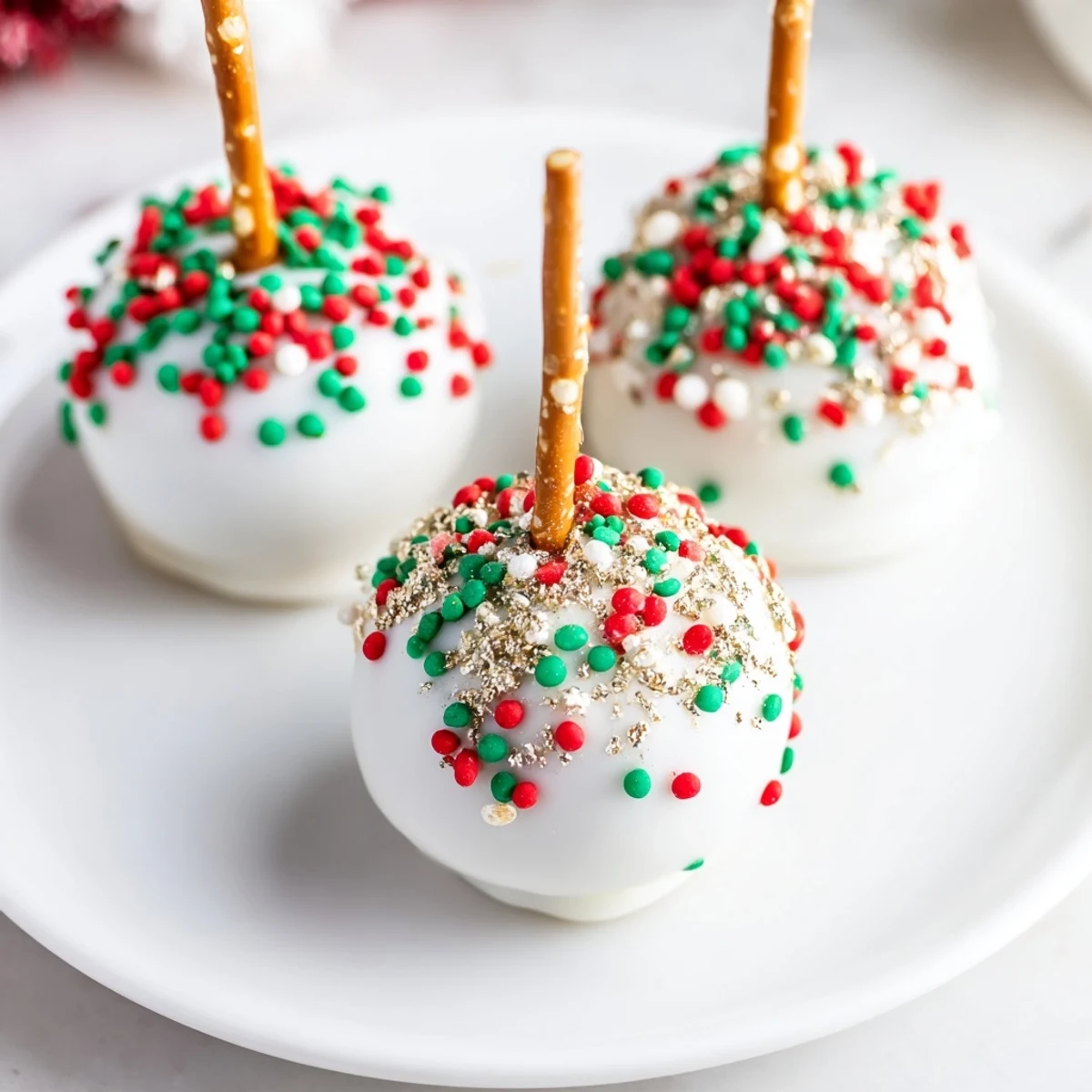Close-up of freshly dipped Holiday Ornament Candy Balls, ready to be decorated with various colorful sprinkles.