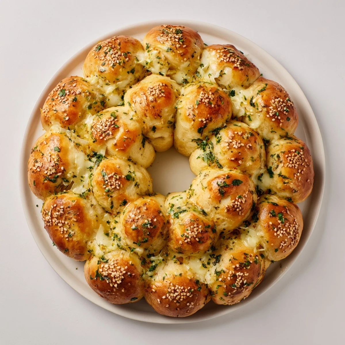 Golden-brown Festive Pull-Apart Bread Wreath, a savory treat filled with herbs and cheesy goodness.