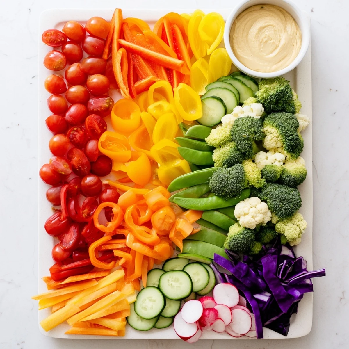Colorful Vegetable Rainbow Board arranged beautifully with vibrant, fresh veggies, a healthy appetizer.