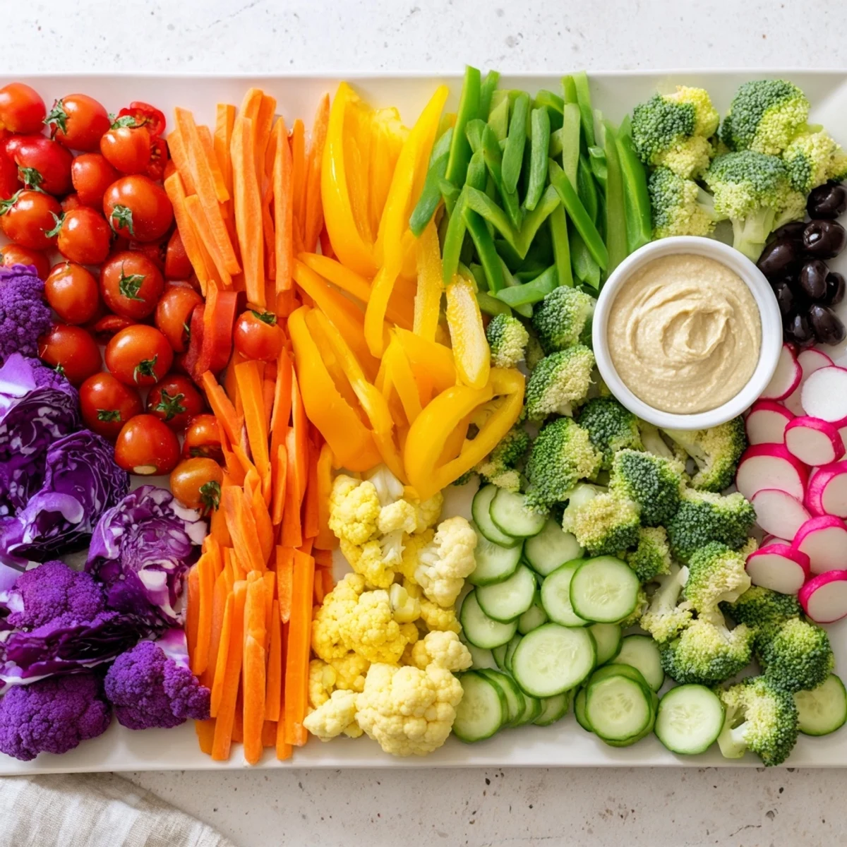 A delicious Colorful Vegetable Rainbow Board with hummus and dips is visually stunning and party-ready.
