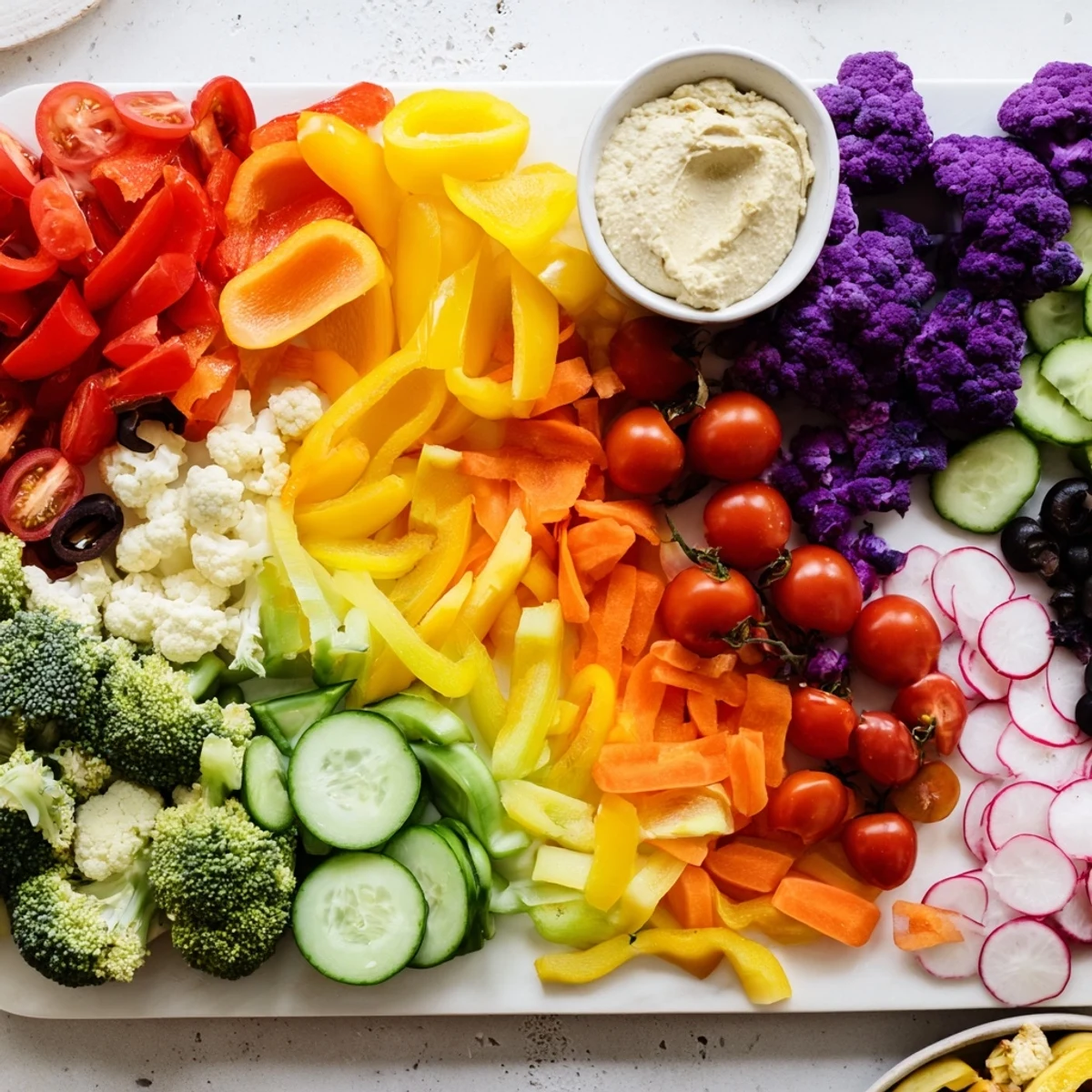 Vibrant Colorful Vegetable Rainbow Board featuring colorful bell peppers, tomatoes, and broccoli florets, ready to enjoy.
