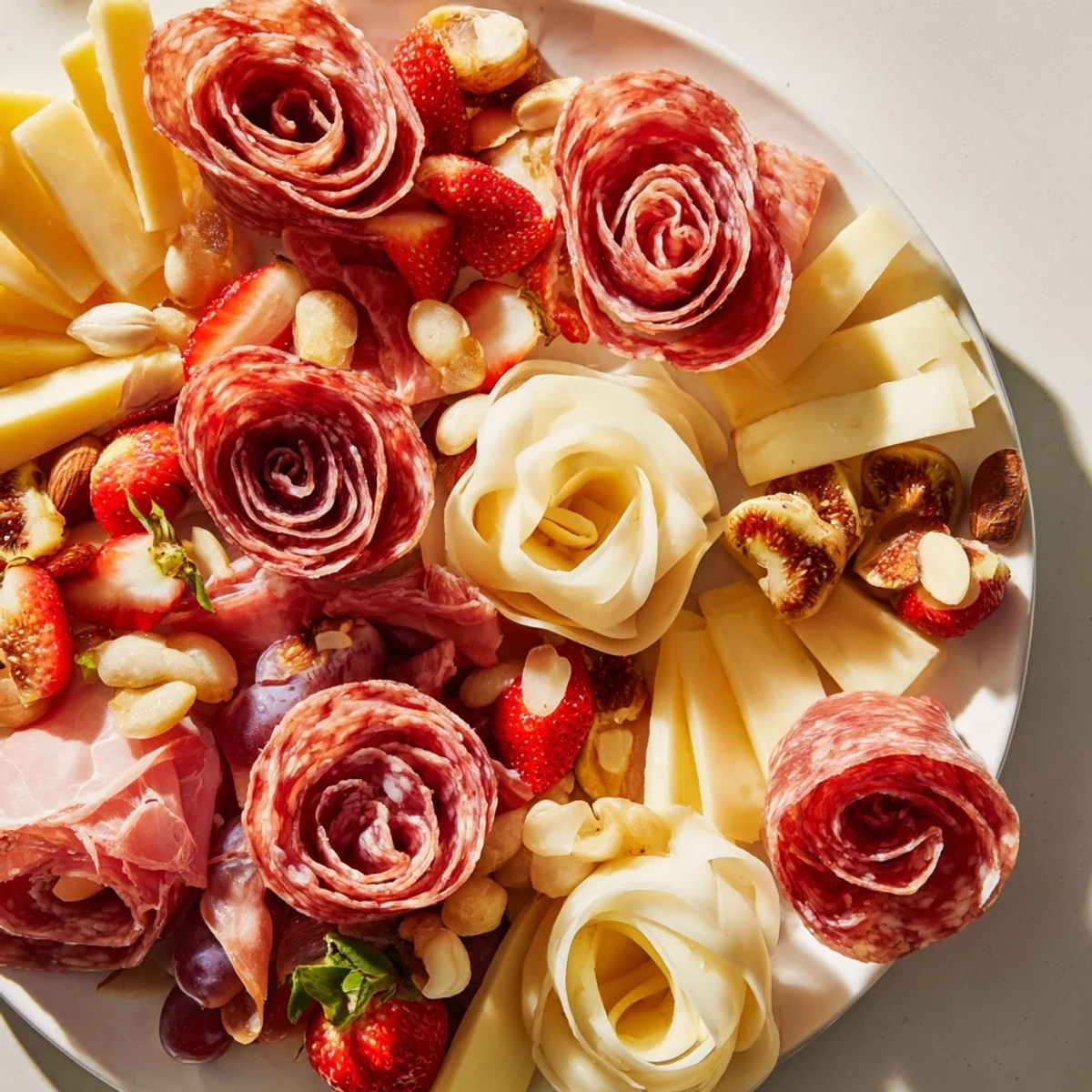 This Meat and Cheese Rose Garden Board displays an artful arrangement of cheeses, meats, and olives.