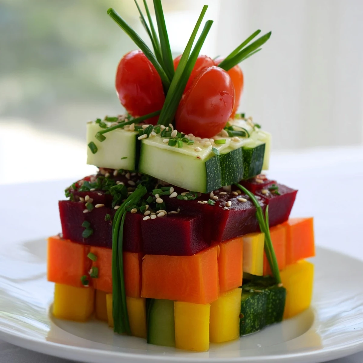 Vibrant stacked gift box veggie cubes, a festive appetizer with colorful bell peppers and cucumber.