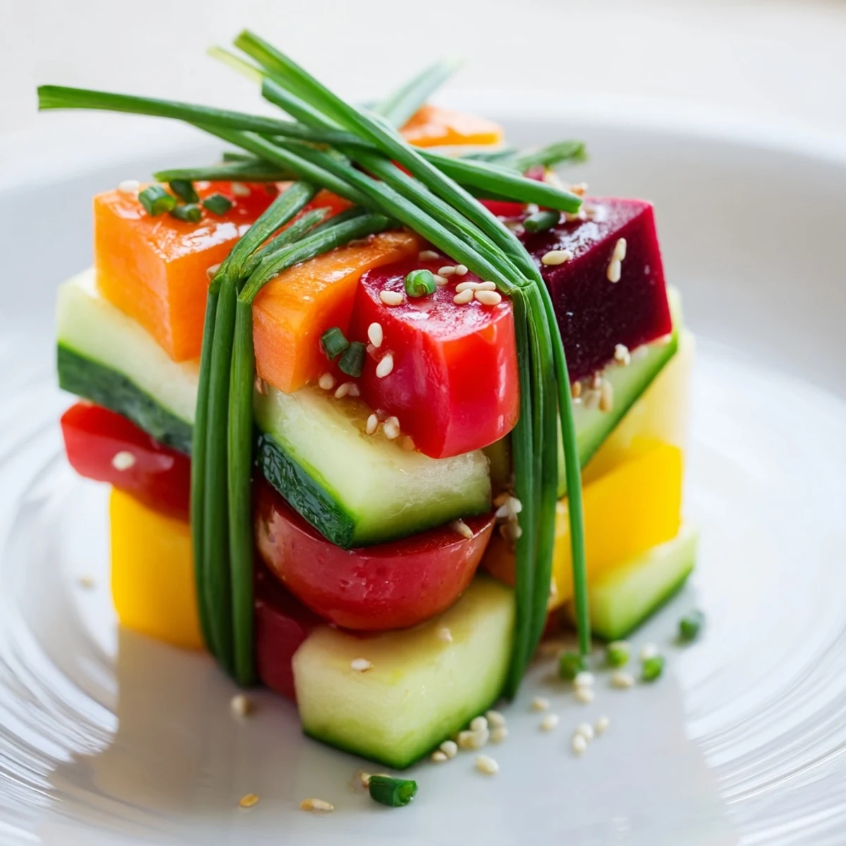 Delicious and healthy, these stacked gift box veggie cubes are the perfect holiday snack, served cold.