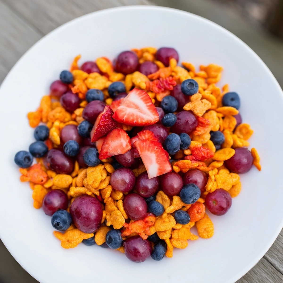 A playful mound of rainbow Goldfish crackers with juicy berries and creamy yogurt, perfect for a cheerful snack.