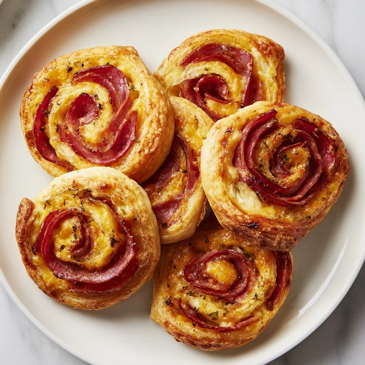 Golden, flaky Sliced Cheddar and Salami Scrolls, a savory appetizer baked to perfection.