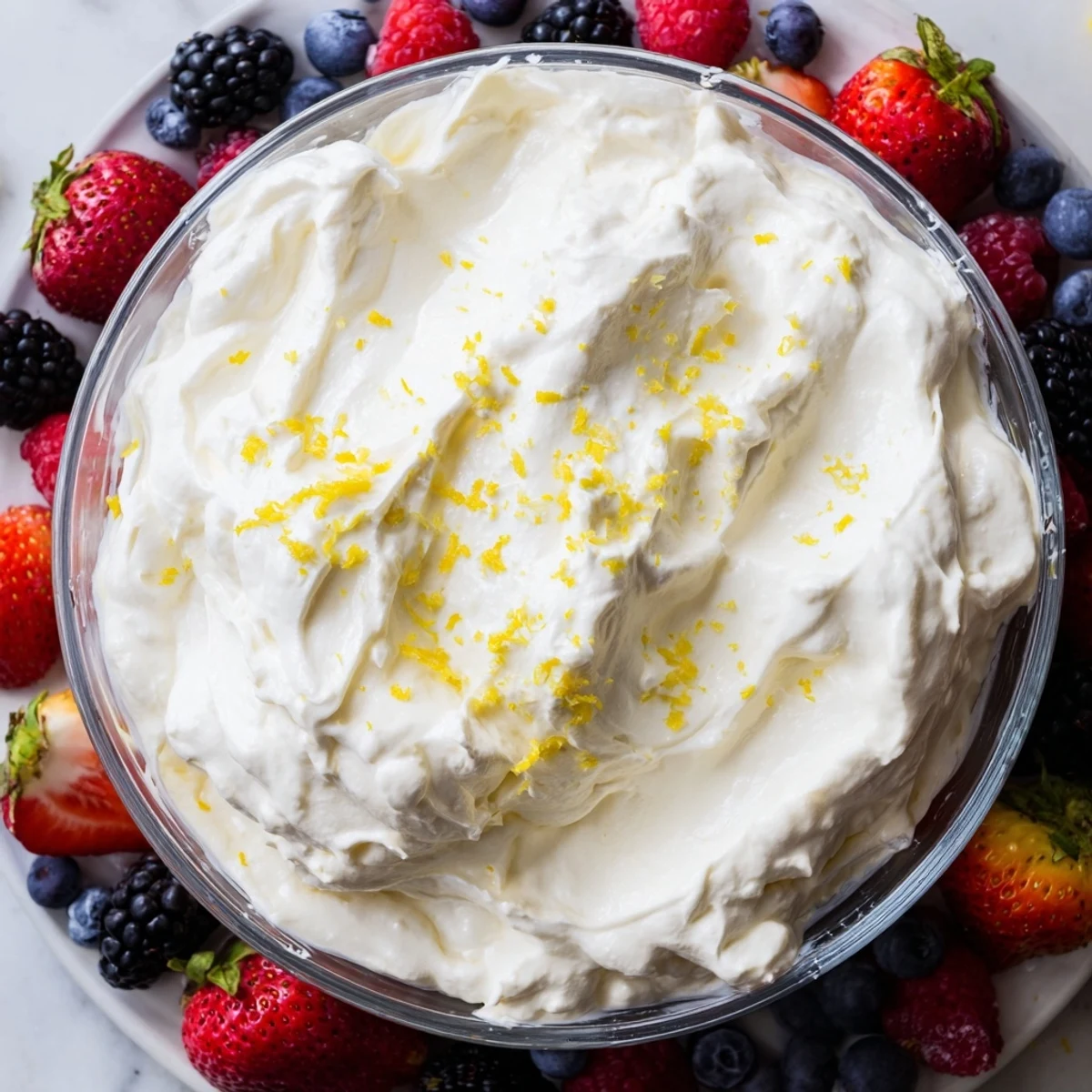 Enjoy this easy recipe: Fluffy cream cheese fruit dip with delicious, juicy, assorted fresh berries.