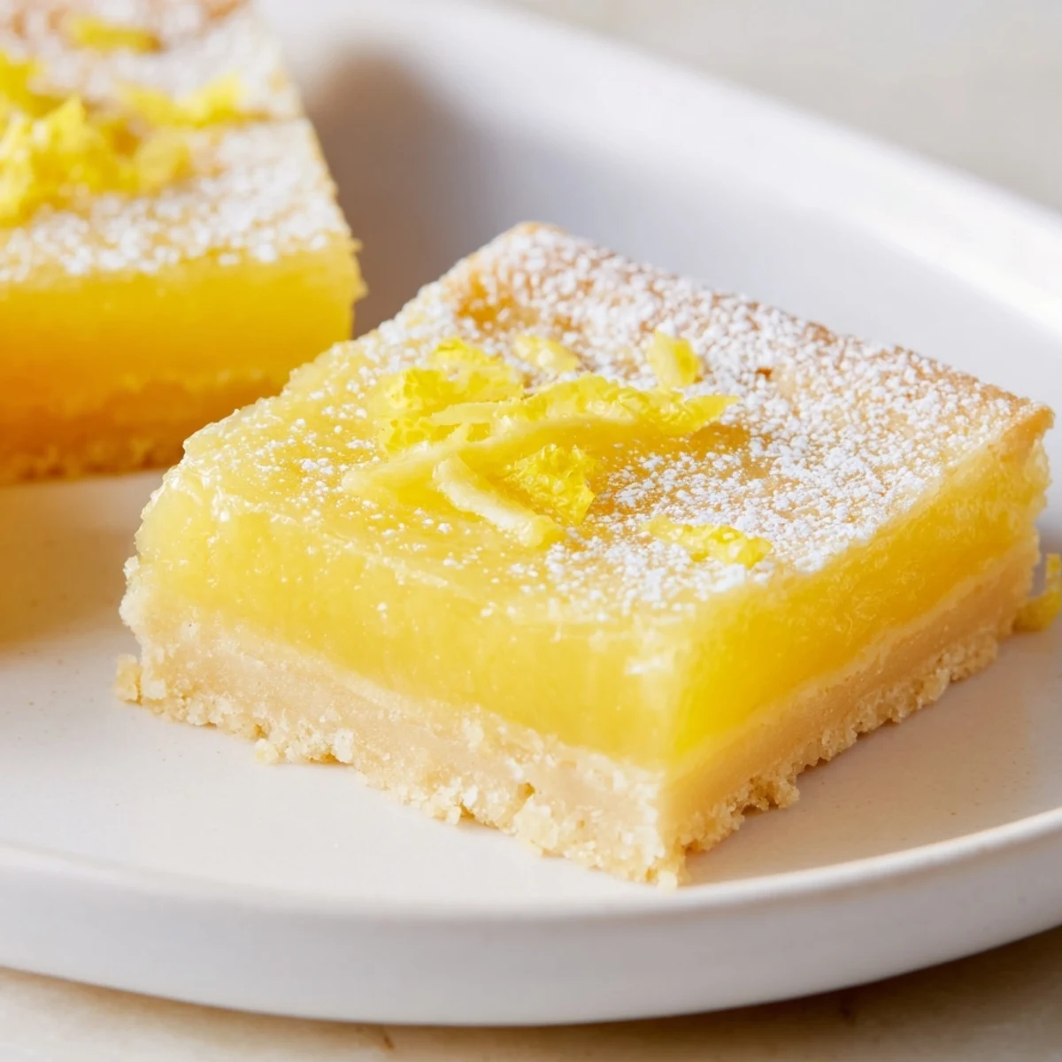 These homemade lemon bars, cut in triangles, showcasing a buttery crust and citrusy filling.