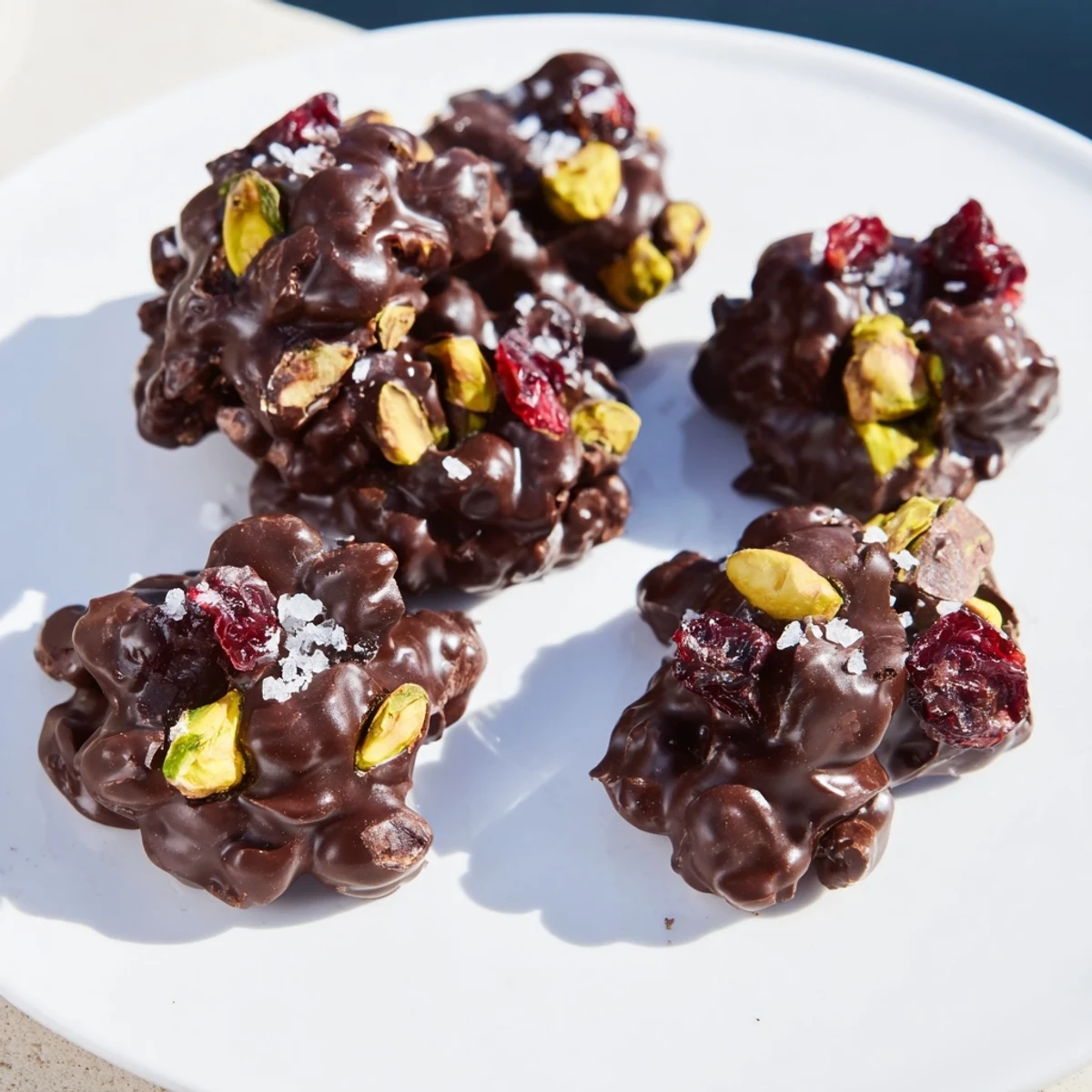 Sweet dark chocolate perfectly coats these easy-to-make Pistachio and Dried Cranberry Clusters, a festive treat.
