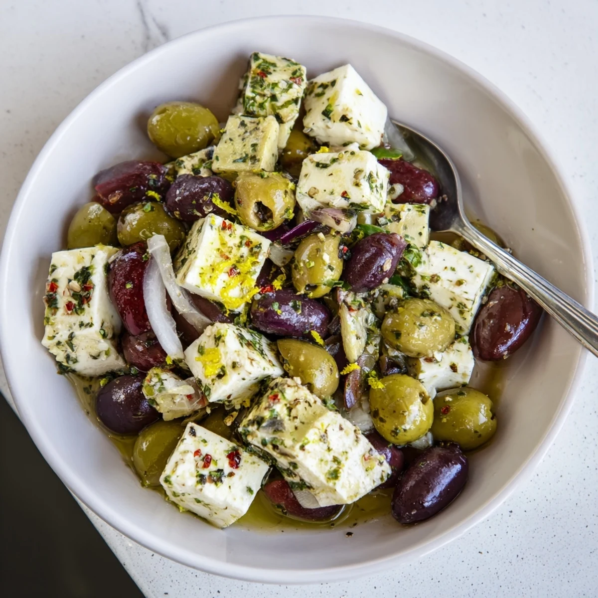Mediterranean-inspired Holiday Mix, featuring olives and feta cubes sprinkled with fresh parsley and lemon zest.