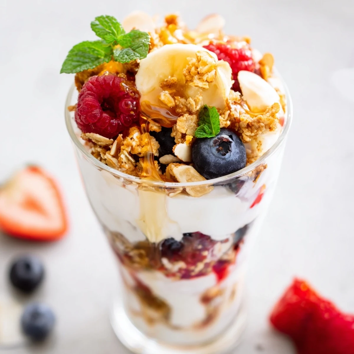 Creamy yogurt and crunchy granola layered with fresh berries in beautiful Yogurt Parfait glasses.