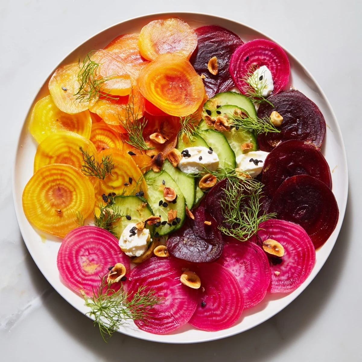 Vibrant The Kinetic Motion Blur appetizer arranged with layered beets, goat cheese, and microgreens ready to eat.