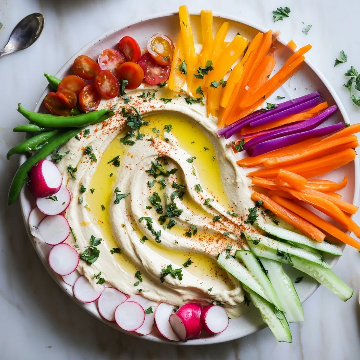 A visually appealing River Delta Flow appetizer offers fresh veggies alongside a central dip, ideal for parties.