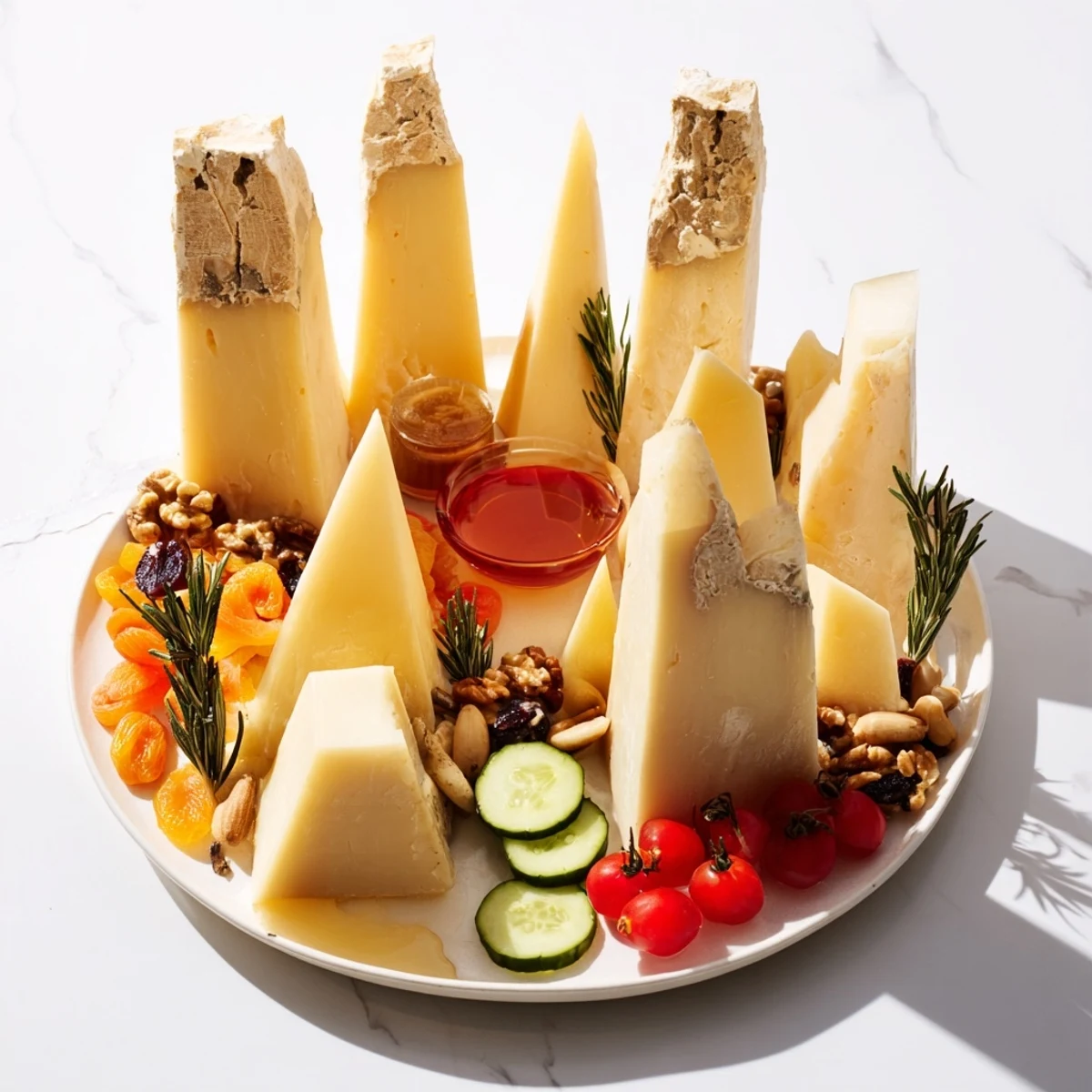 A delicious sculptural cheese landscape with tall cheese mountains and fresh fruits and nuts.