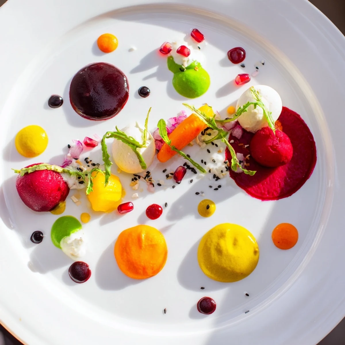 A vibrant Pointillism Dot Matrix appetizer with colorful vegetable purees and delicate garnishes.