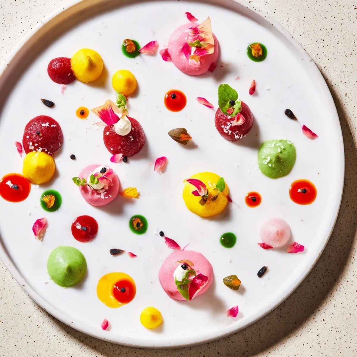 Artistic dish featuring a visually stunning Pointillism Dot Matrix presentation: a modern, delicious appetizer.