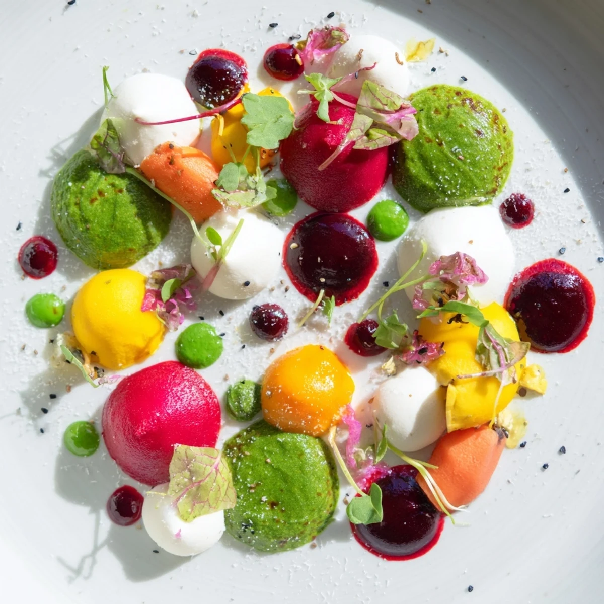 This Pointillism Dot Matrix appetizer offers a delicious array of flavors, elegantly dotted for each plate's art.