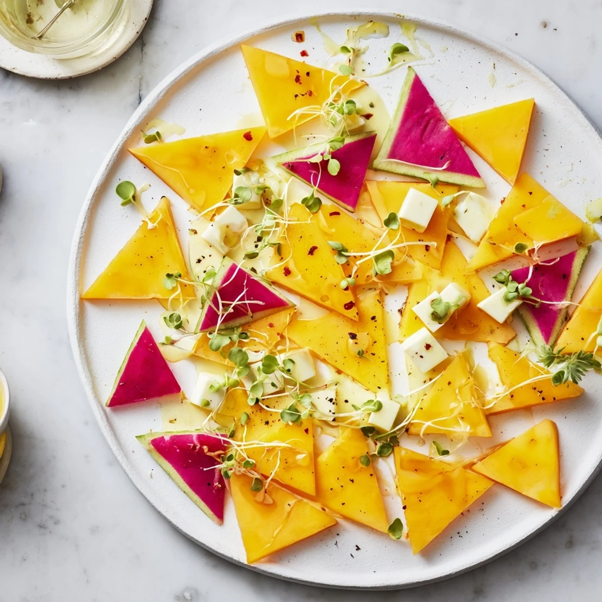 Eye-catching Cubist Deconstruction, a fresh, gluten-free appetizer featuring colorful and flavorful vegetable shapes.