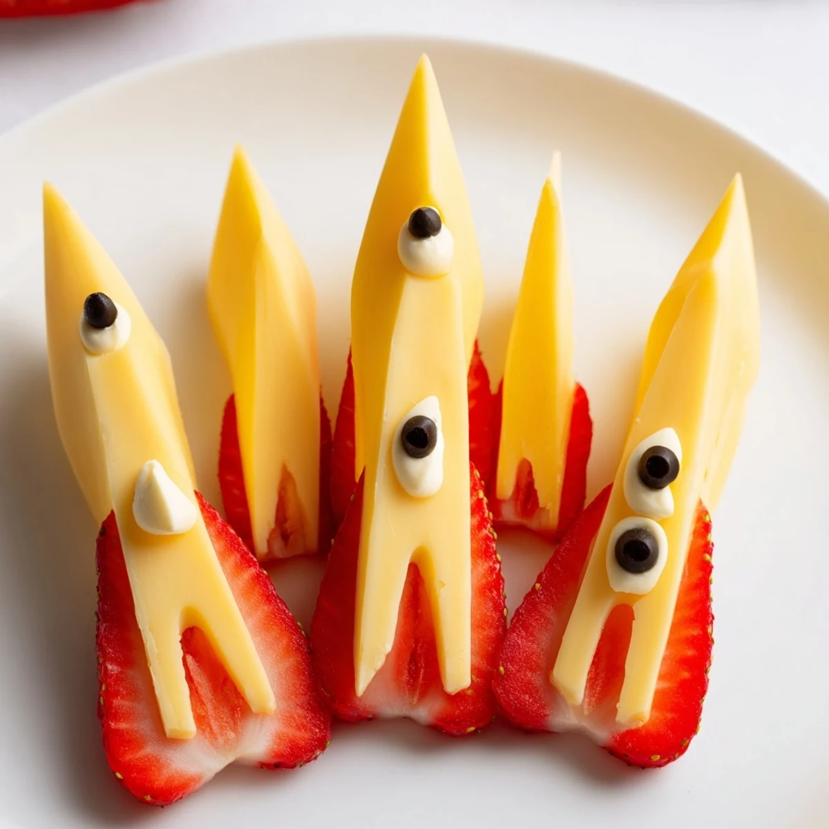 The Retro Rocket snack platter gleams with sharp cheddar and vibrant strawberry flames, ready to enjoy.