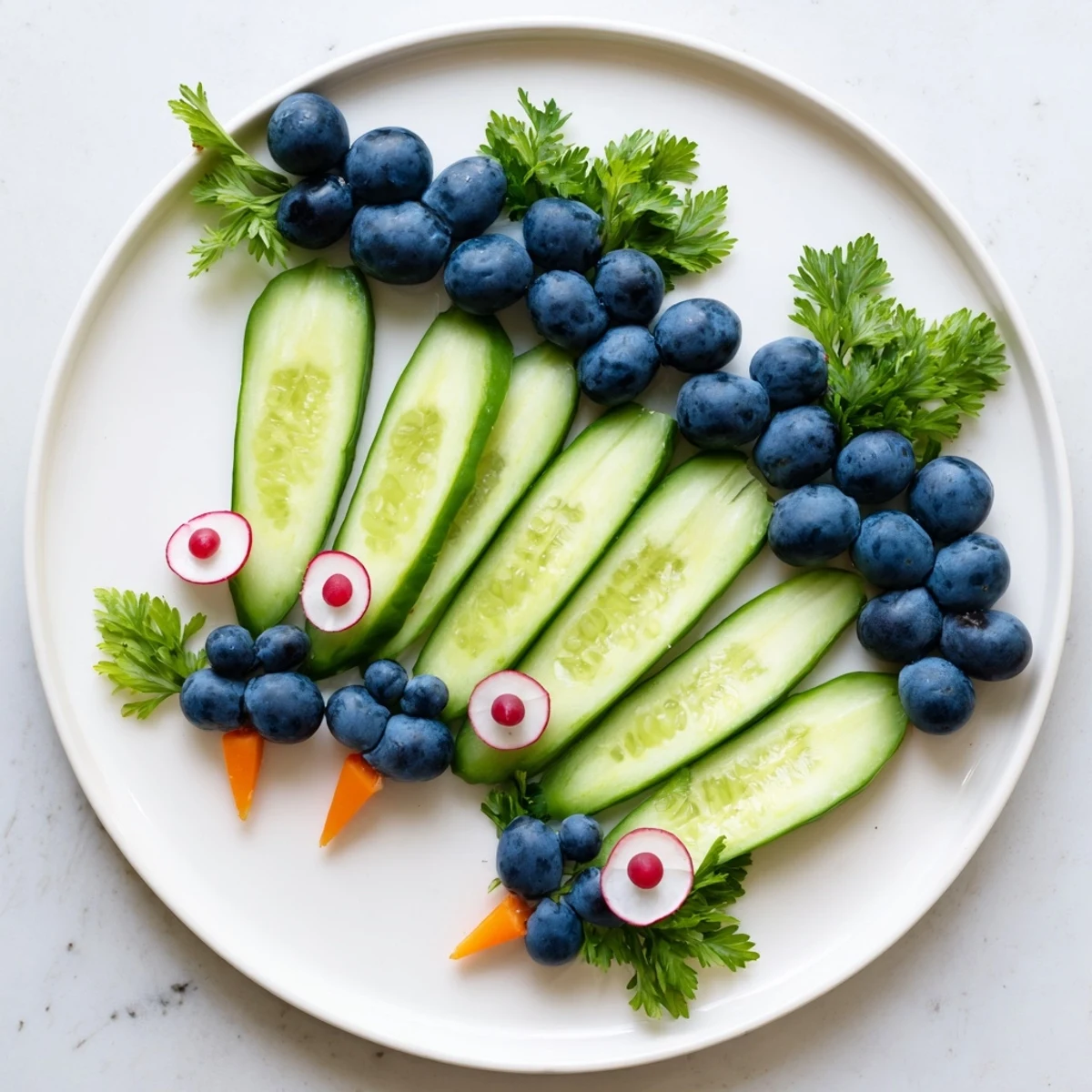 Fresh Peacock Tail recipe showcases refreshing cucumber and grape with radish details for visual flair.