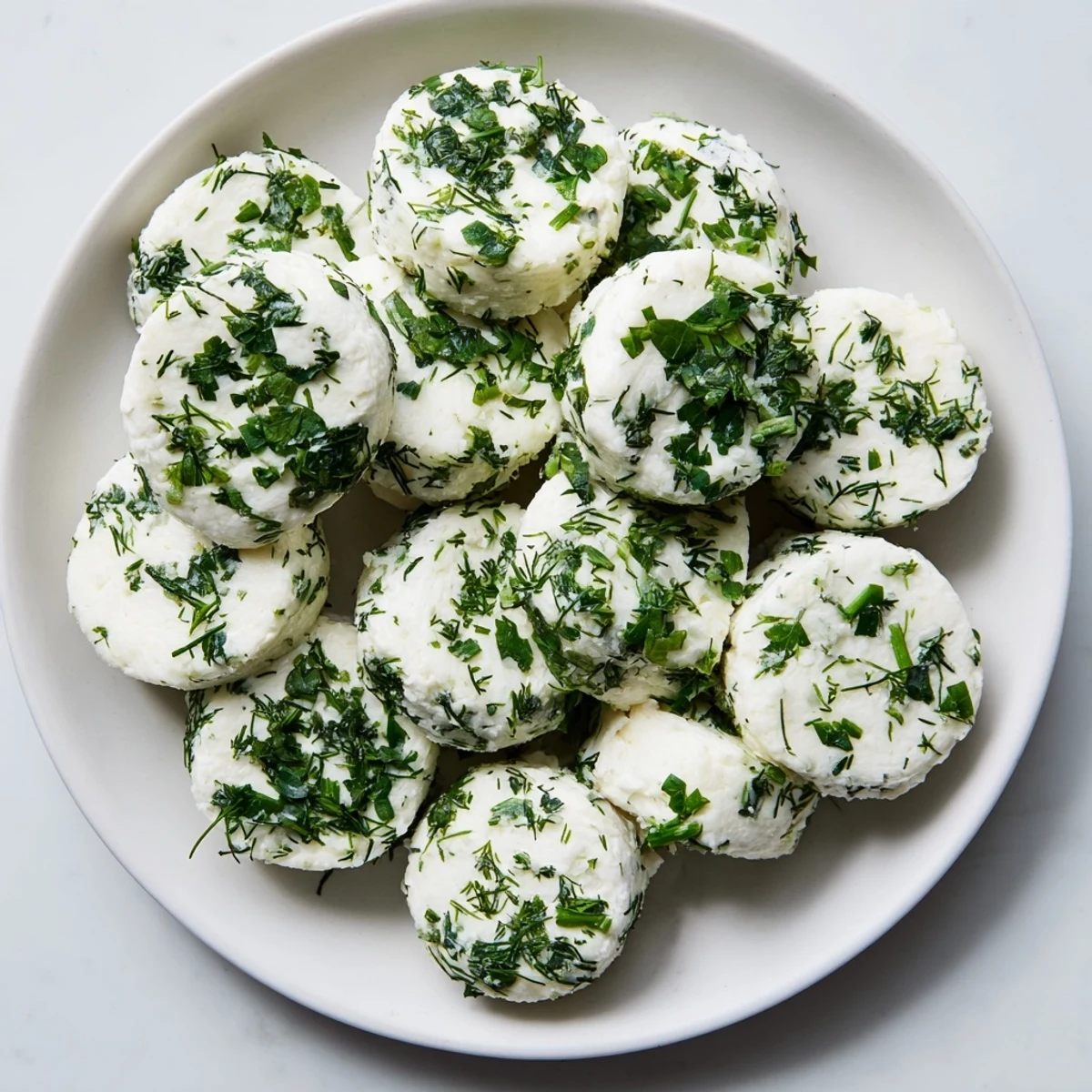 Goat cheese "Mossy Stones" appetizer, rolled in herbs, ready for a cheese platter and guests.