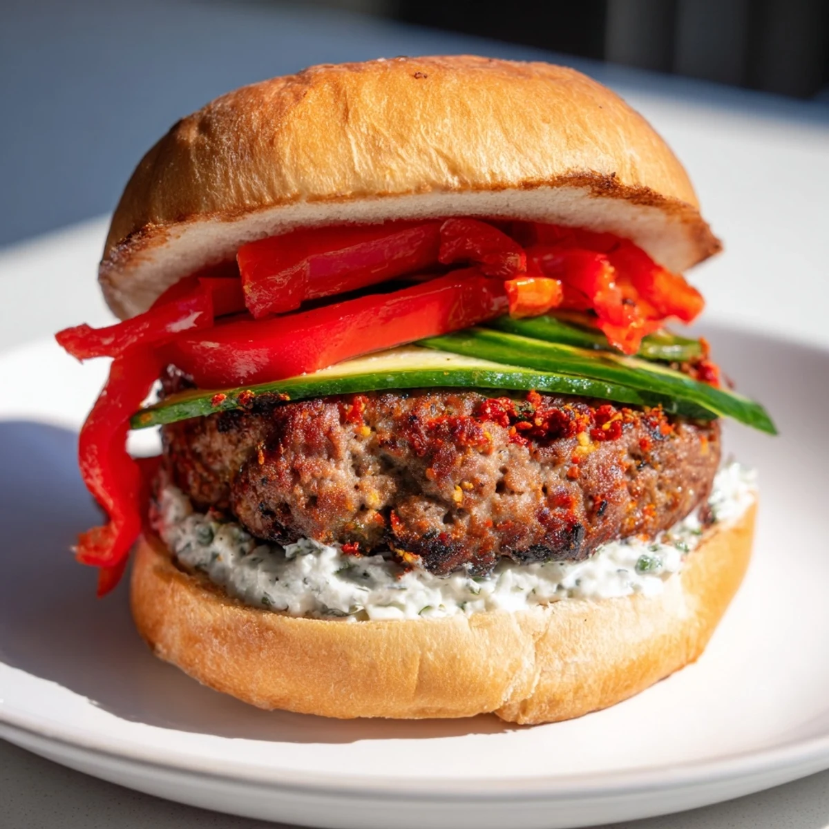 Fire & Ice Burger, juicy beef patty with melted pepper jack; a vibrant combination.