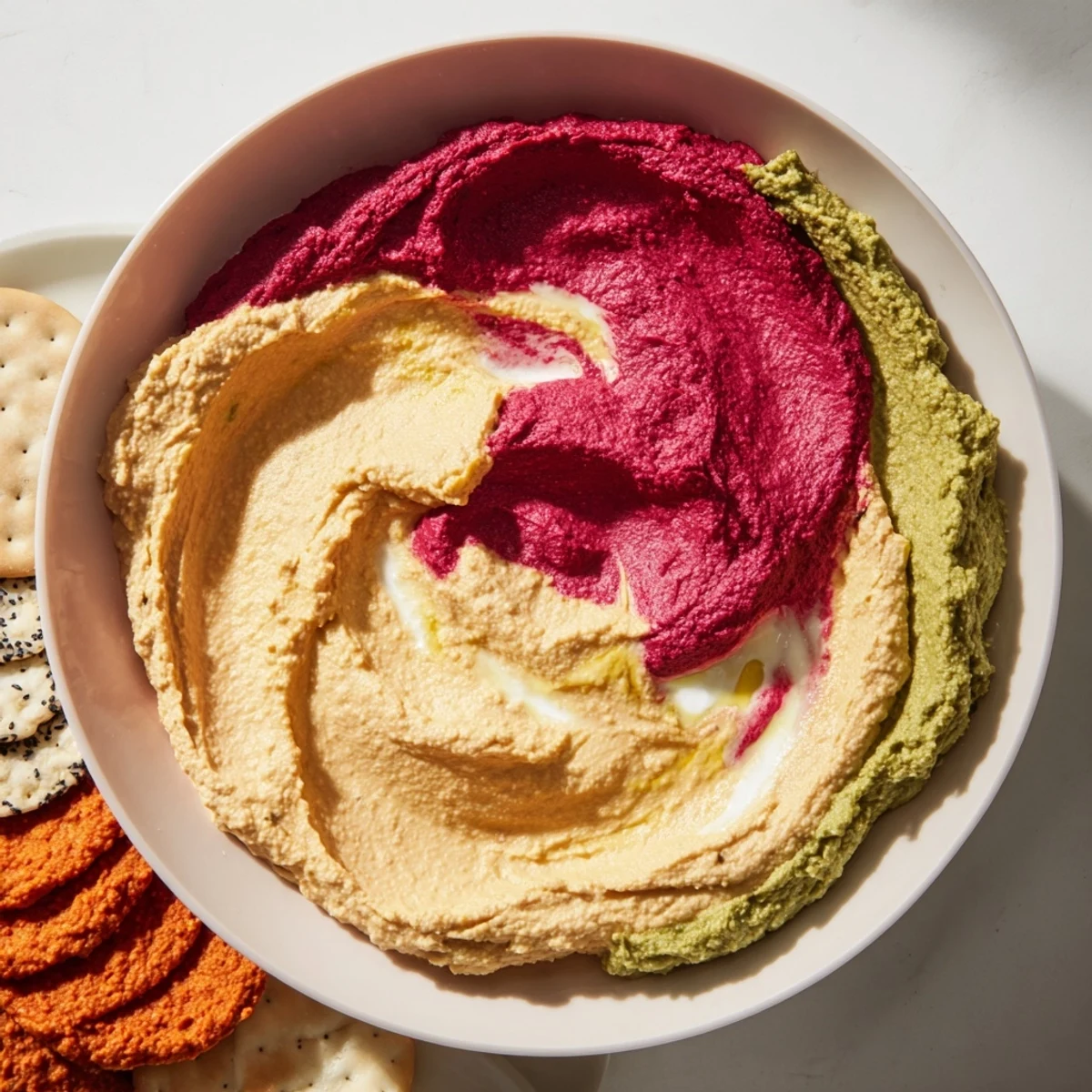 Creamy and colorful, "The Marble Swirl" appetizer with swirling dips and matching crackers ready to enjoy.