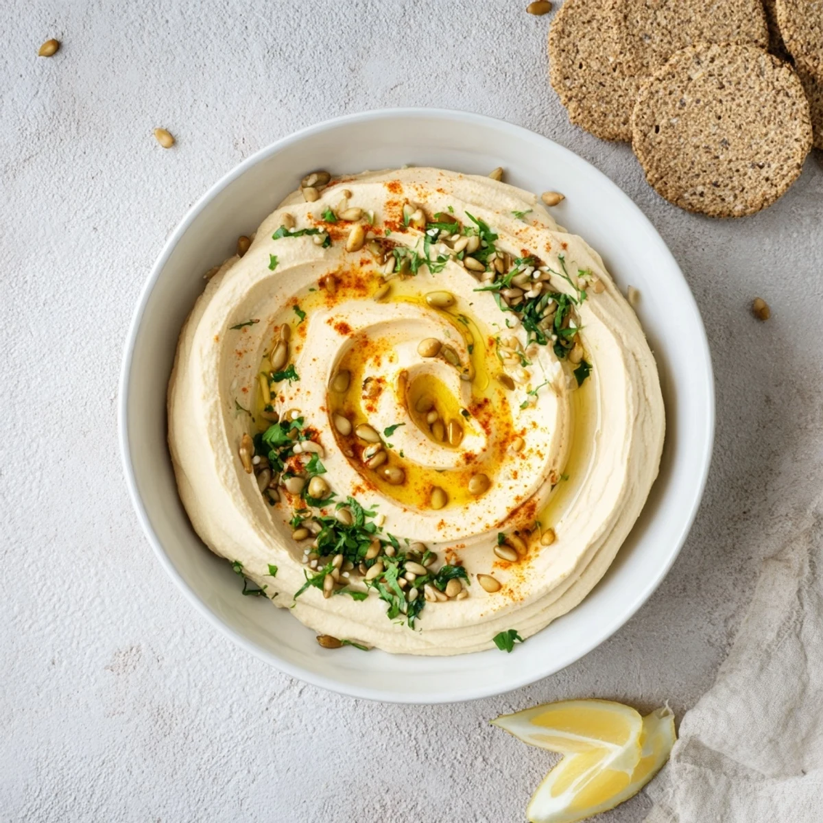 Artfully layered hummus and crackers create a visually appealing Sandstone Canyon appetizer, ready to serve and enjoy.
