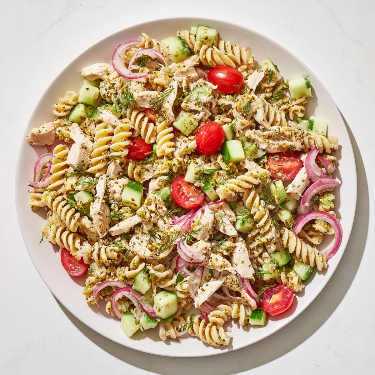 Everything Bagel Chicken Pasta Salad, bursting with fresh veggies and creamy dressing, is ready!