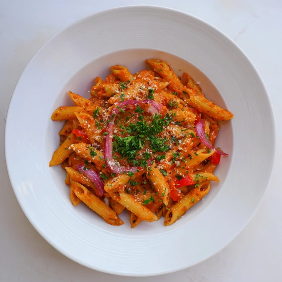 Steaming bowl of One-Pot Diavola Spicy Pasta, with vibrant red sauce and perfectly cooked penne.