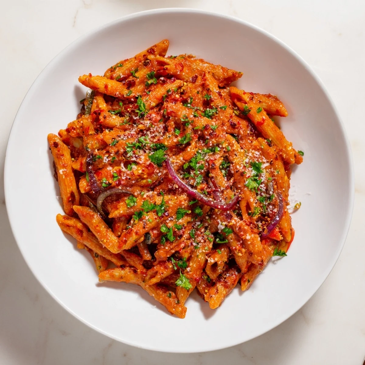 This One-Pot Diavola Spicy Pasta offers a delightful, aromatic blend, perfectly seasoned with red pepper flakes.