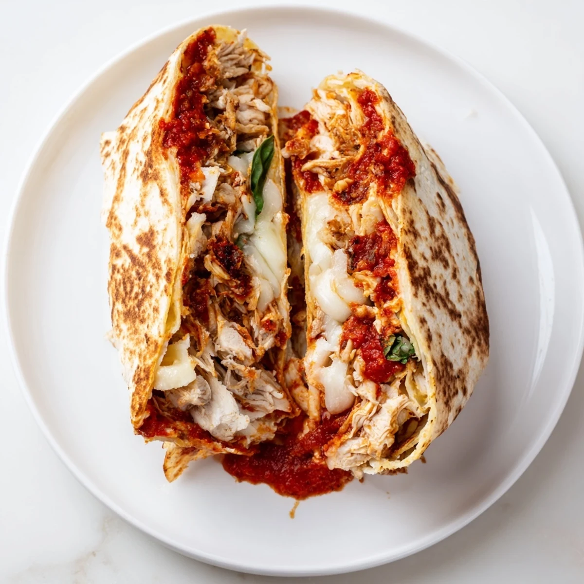 Golden-brown tortilla pizza wrap with chicken, perfectly toasted and oozing melted mozzarella and fresh basil.