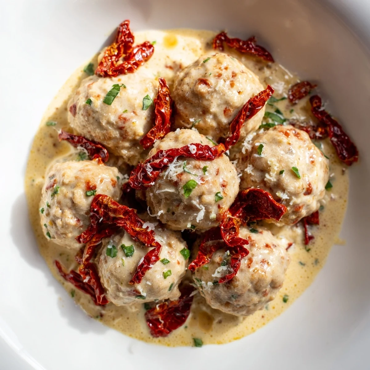 Marry Me Chicken Meatballs simmering in a creamy tomato sauce, garnished with fresh basil for a vibrant, delicious meal.