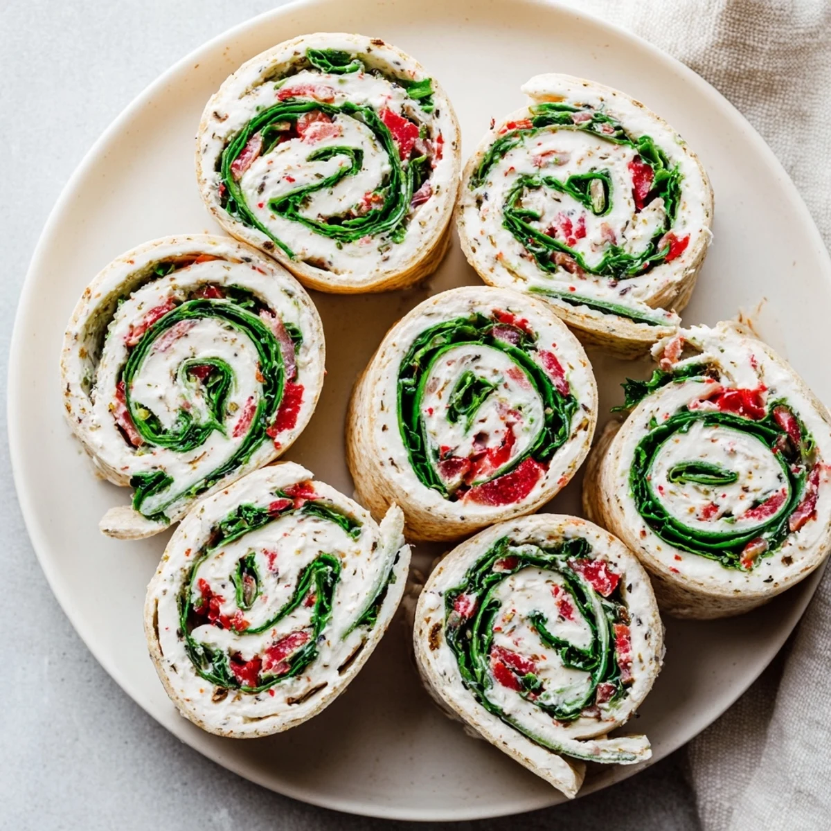 Christmas Scarf Tortilla Roll-Ups, brightly colored and chilled, are perfect for a festive appetizer.
