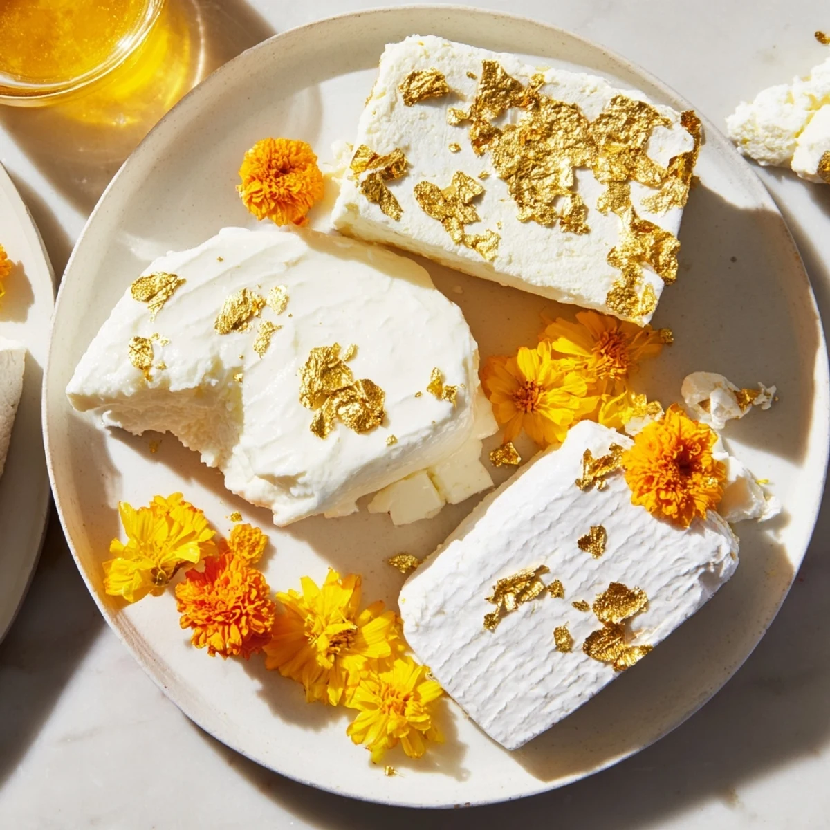 The Gilded Lily cheese platter, a dazzling centerpiece with gold leaf and bright flower petals.