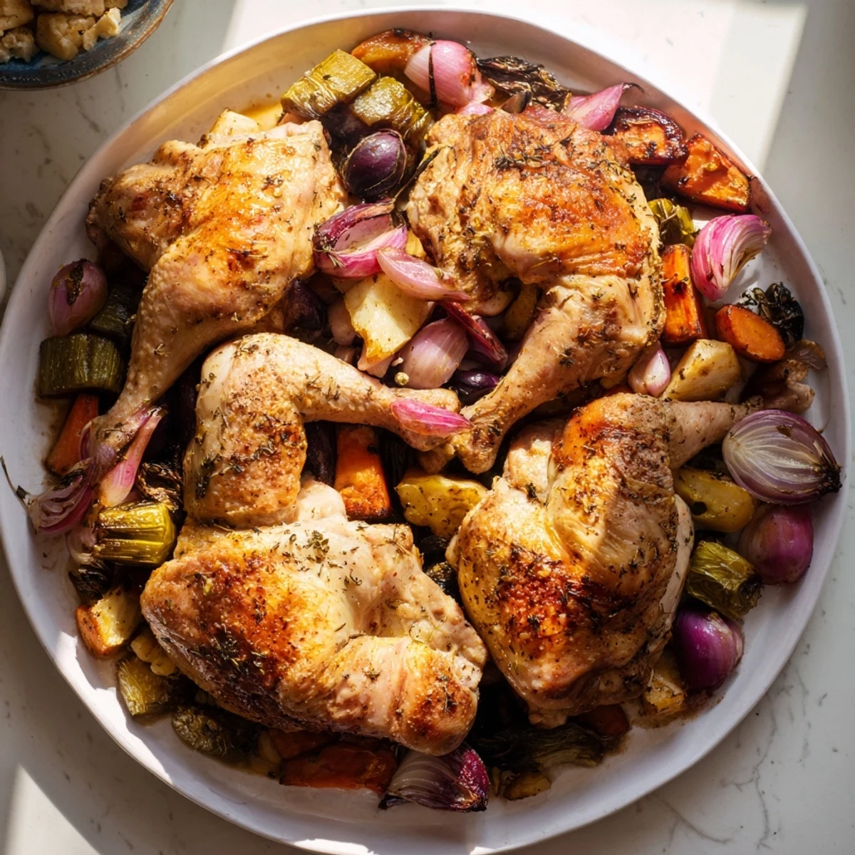 Close-up of a bubbling Georgia Pot Roast Chicken, showcasing tender chicken with sweet onion gravy.