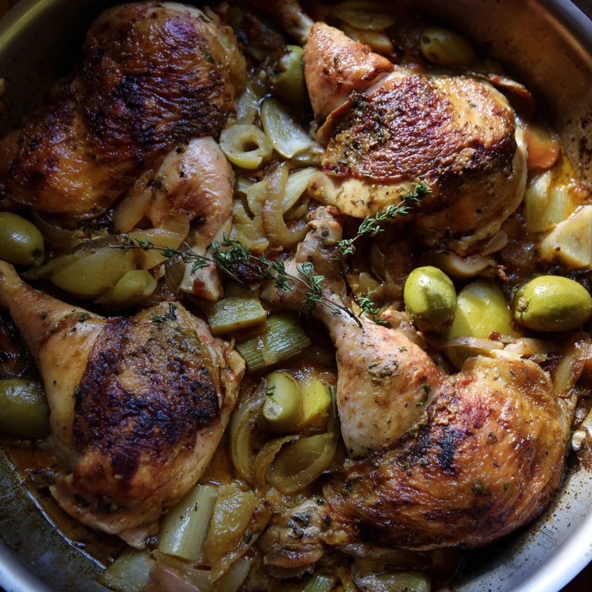 Golden-brown chicken thighs in a savory Georgia Pot Roast Chicken, perfect for a family dinner.