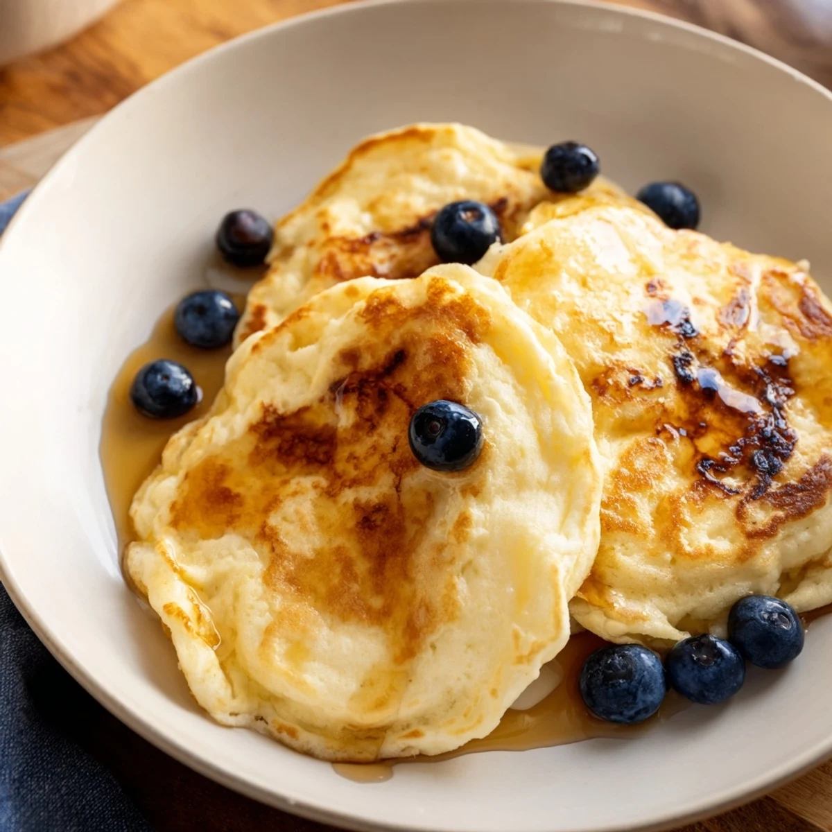 Delicious one-bowl fluffy scrambled pancakes with blueberries, cooked in a skillet until golden brown.