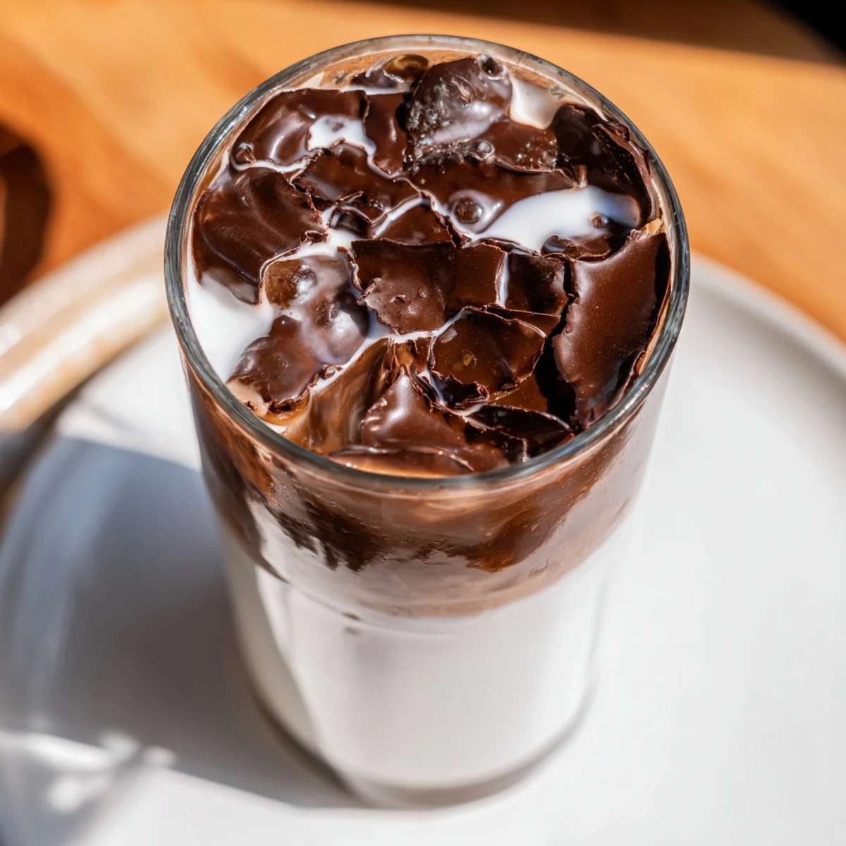 Cracked chocolate tops a chilled Chocolate Cracking Iced Latte, ready for stirring and enjoying.