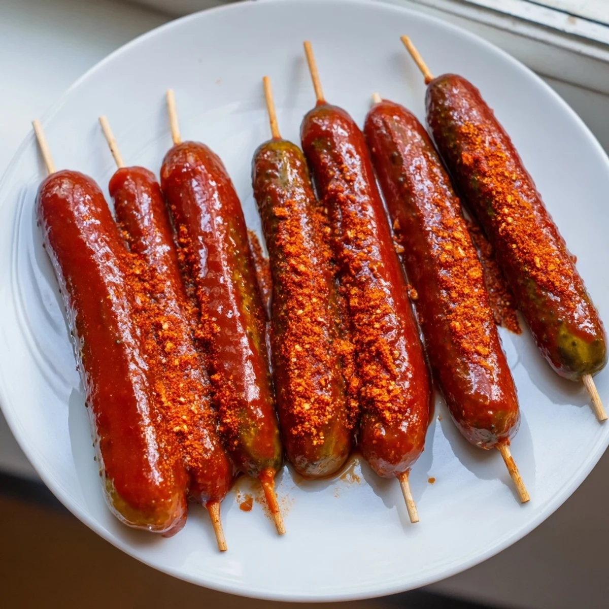Savory Chamoy-Tajín pickle sticks, visually appealing with their vibrant red-orange chamoy coating and zesty Tajín.