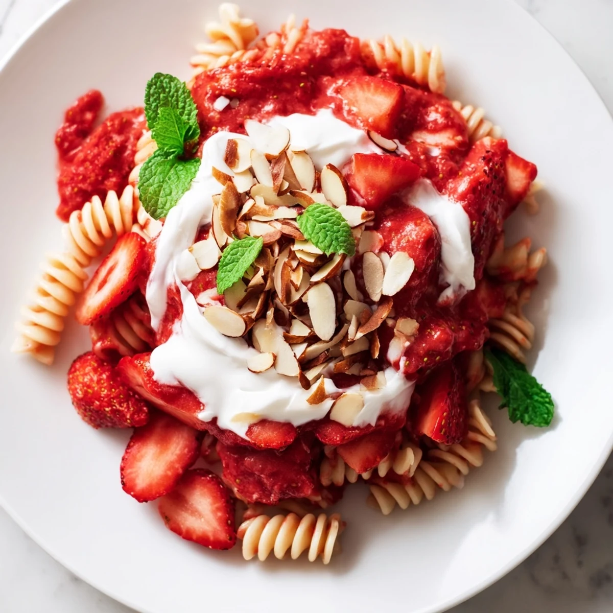 Sweet Strawberry Yogurt Pasta is a colorful, summer dessert; red strawberries and creamy yogurt.