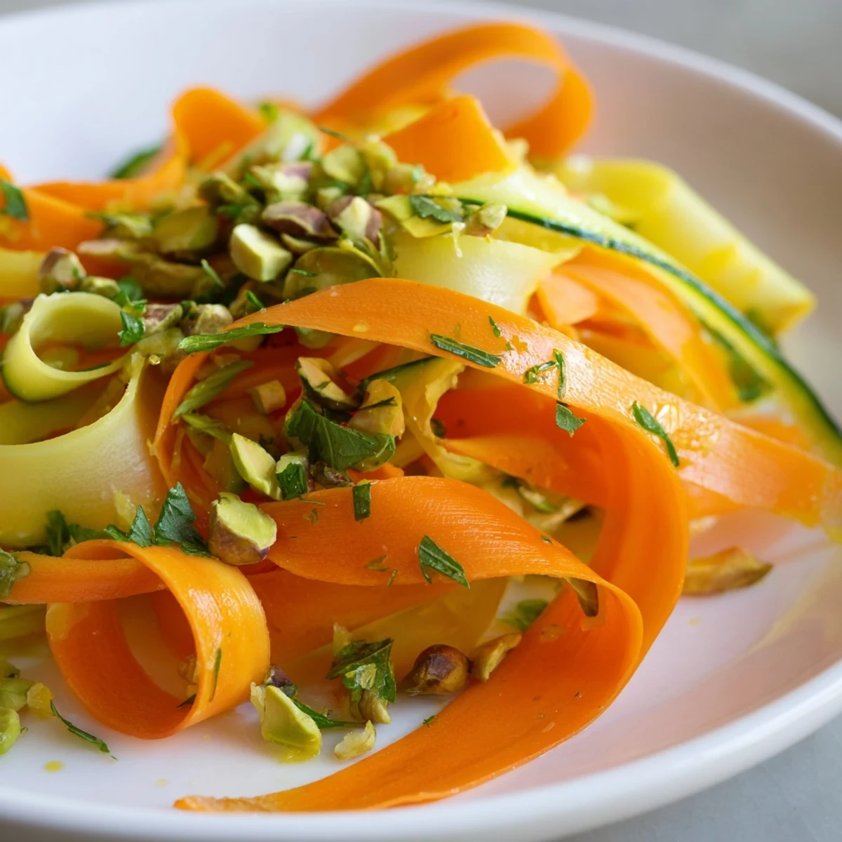 Vibrant Citrus Carrot Ribbon Salad with shimmering carrot and cucumber ribbons, ready to serve.