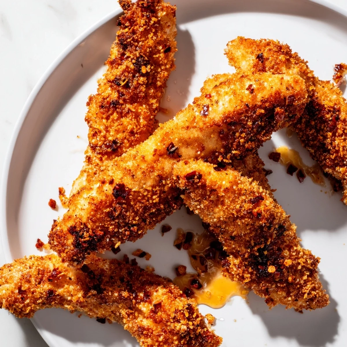 Golden crispy panko chicken tenders, drizzled with fiery hot honey, sit ready to be enjoyed.