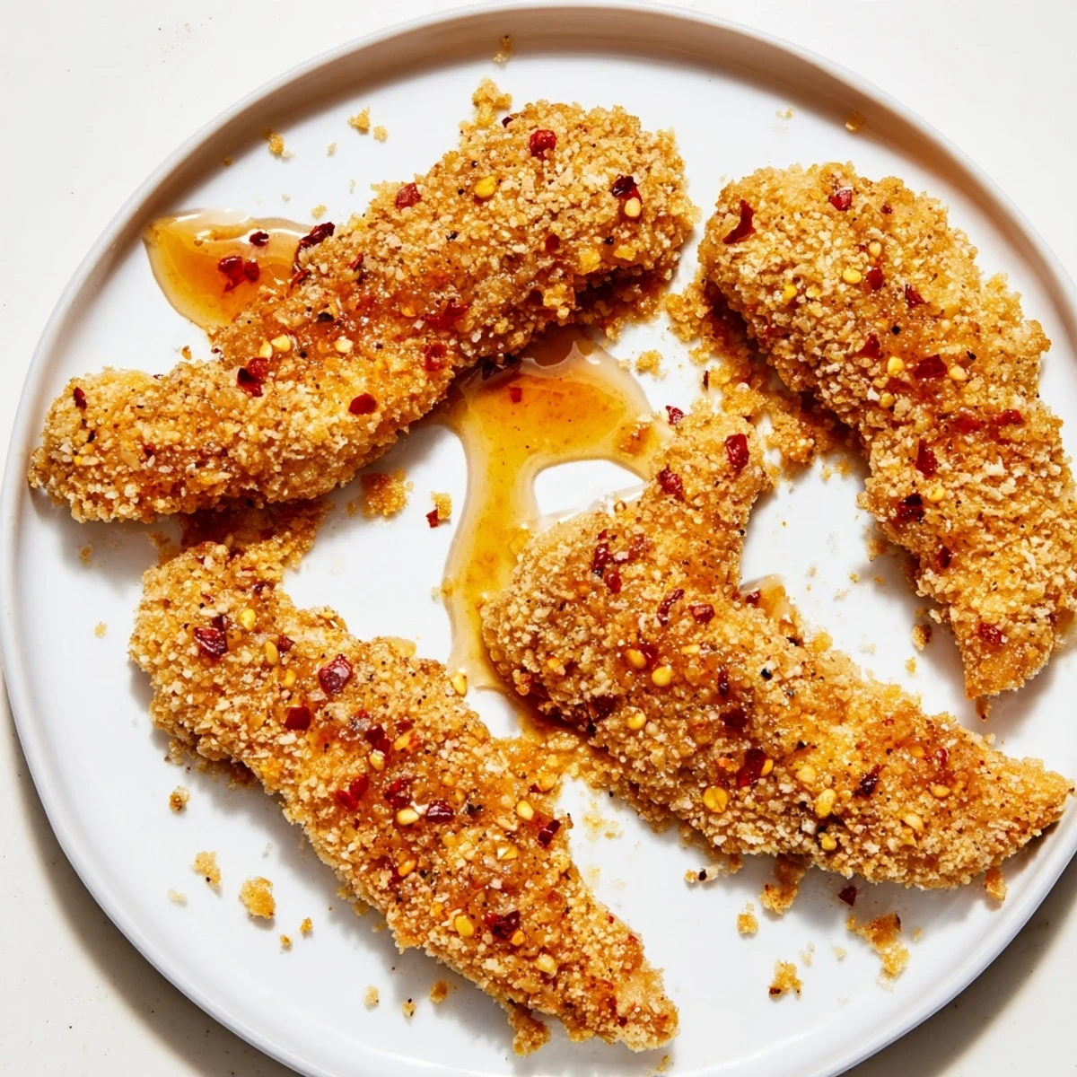 A close-up shot of perfectly cooked crispy panko chicken tenders glistening with hot honey.