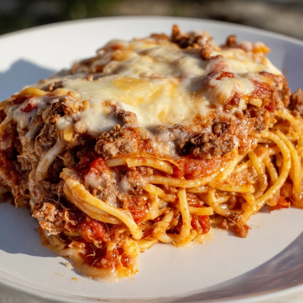 Close-up of a forkful of cheesy Million Dollar Spaghetti, a hearty dish for a comforting meal.