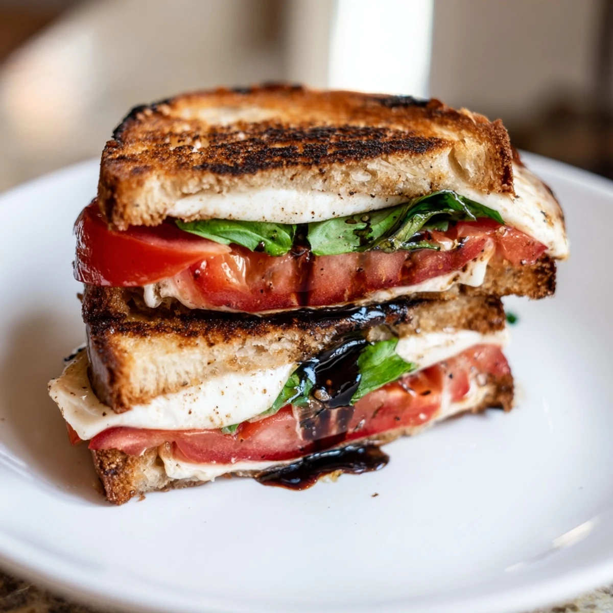 Golden, melty Caprese Salad Grilled Cheese, with fresh basil and juicy tomatoes oozing out.