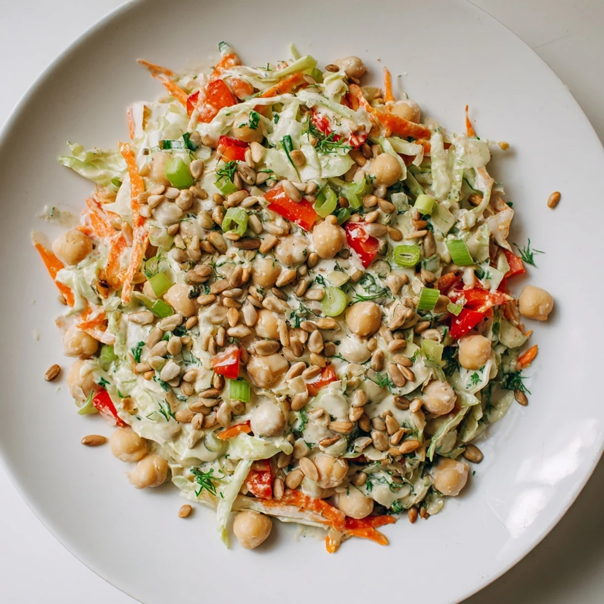 Vibrant Fiber-Forward Chickpea Salad showcasing chickpeas, colorful veggies, and creamy tahini dressing, perfect for lunch.