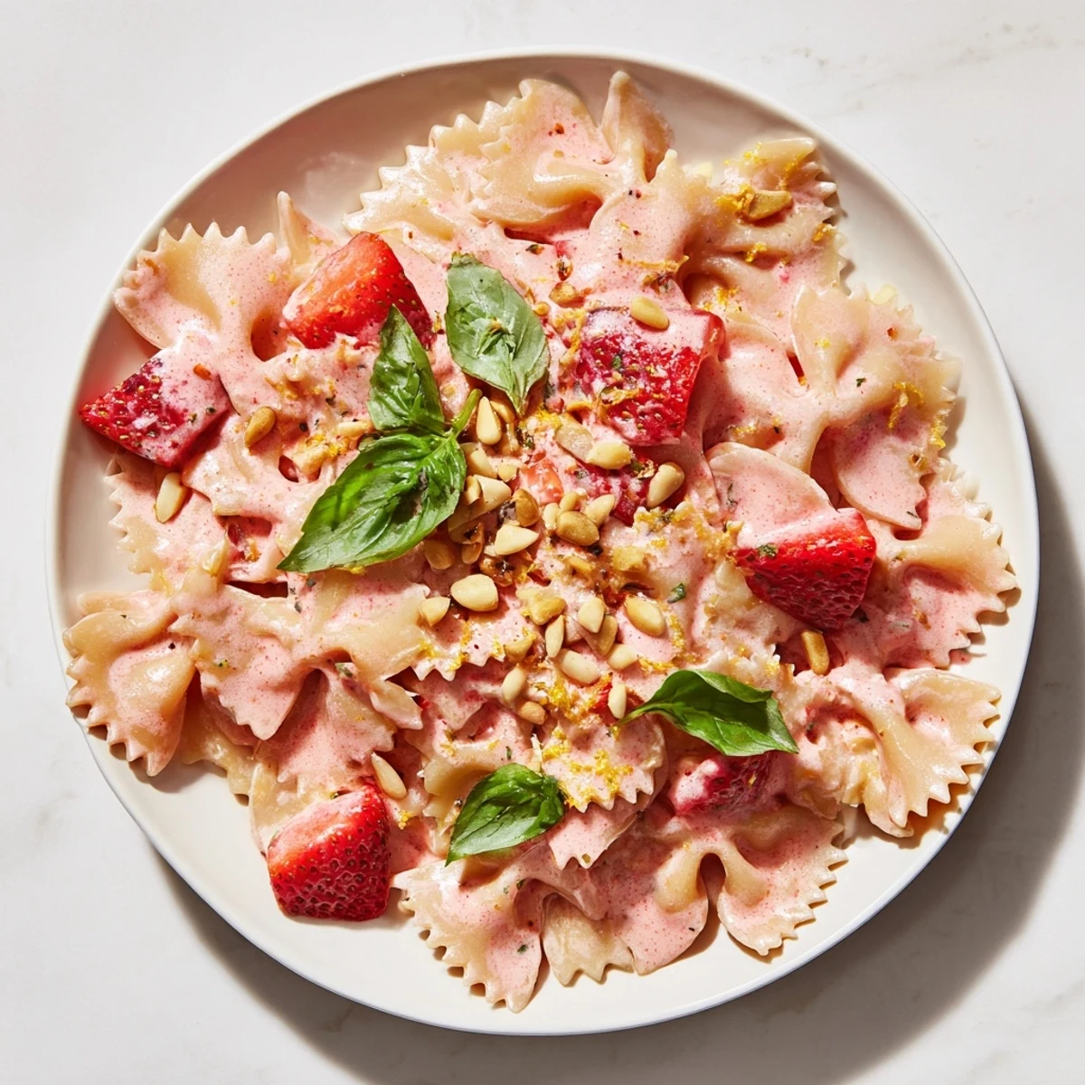 Creamy pink Strawberry Sour Cream Pasta, garnished with fresh basil, ready to eat and enjoy.