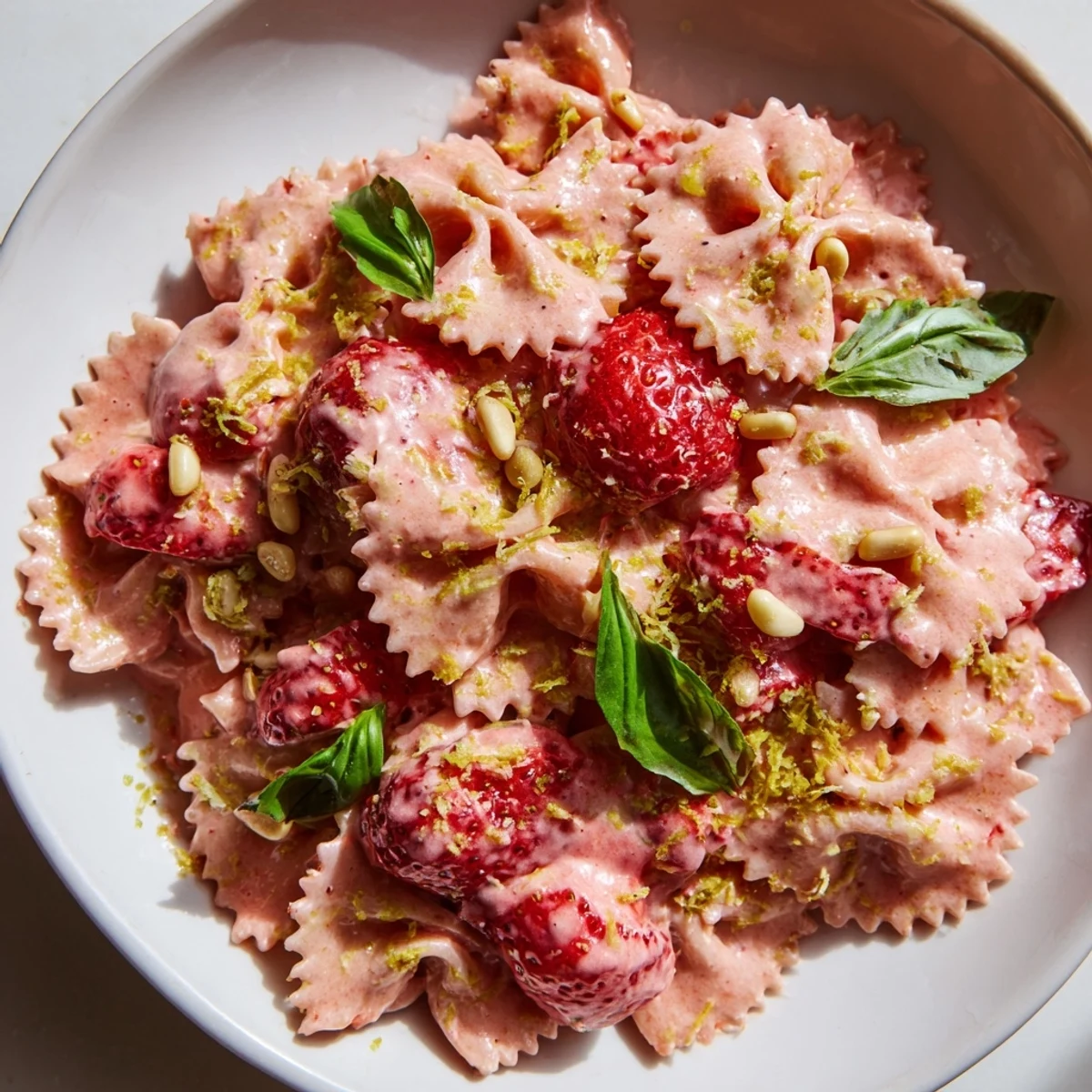 A vibrant bowl of Strawberry Sour Cream Pasta, the perfect refreshing summer meal today.