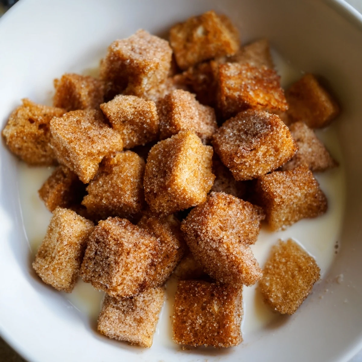 A close-up of delicious French Toast Cereal, showing the texture of these sweet, bite-sized toast pieces.